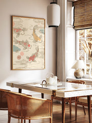 Three Koi fish, two pink and one orange, swimming in swirling water with blue and pink accents on a, in a styled room mockup