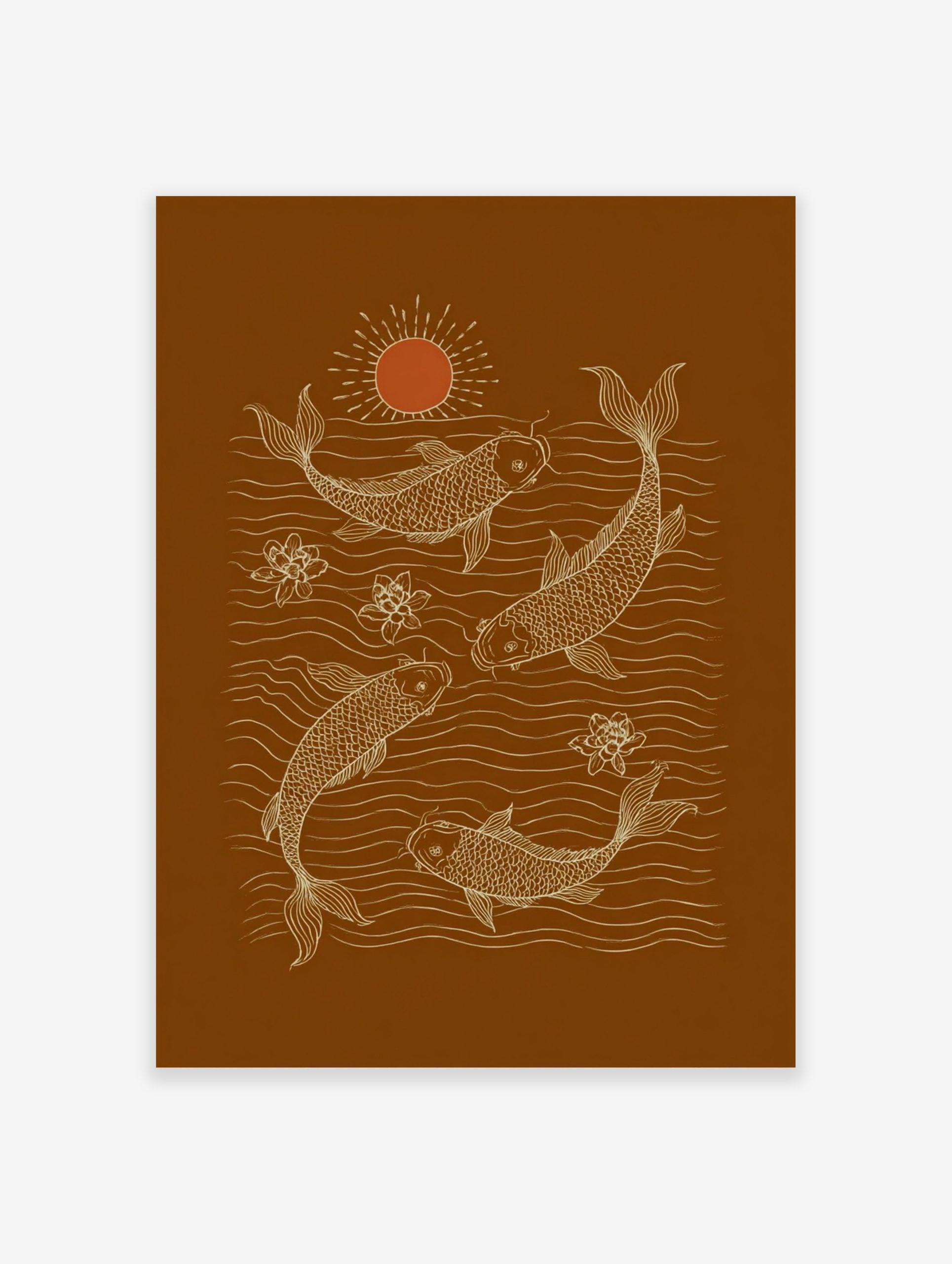 White line art illustration of four koi fish, lotus flowers, and water ripples on a brown background with an orange sun