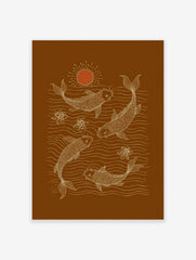 White line art illustration of four koi fish, lotus flowers, and water ripples on a brown background with an orange sun