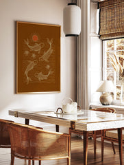 White line art illustration of four koi fish, lotus flowers, and water ripples on a brown, in a styled room mockup
