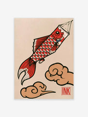 Japanese Koinobori style Koi fish illustration with red scales and brown clouds on a light background