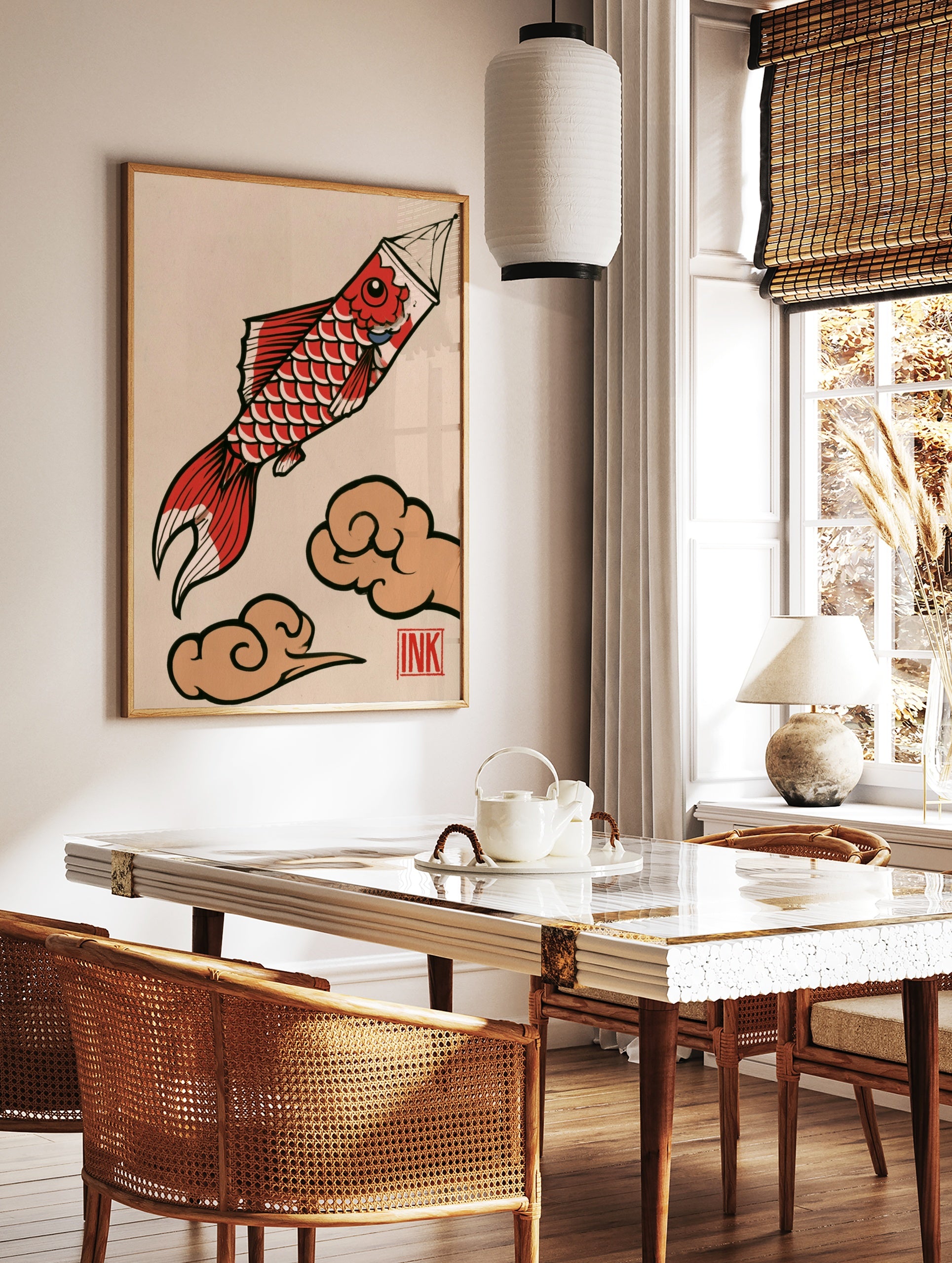 Japanese Koinobori style Koi fish illustration with red scales and brown clouds on a light, in a styled room mockup