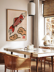 Japanese Koinobori style Koi fish illustration with red scales and brown clouds on a light, in a styled room mockup