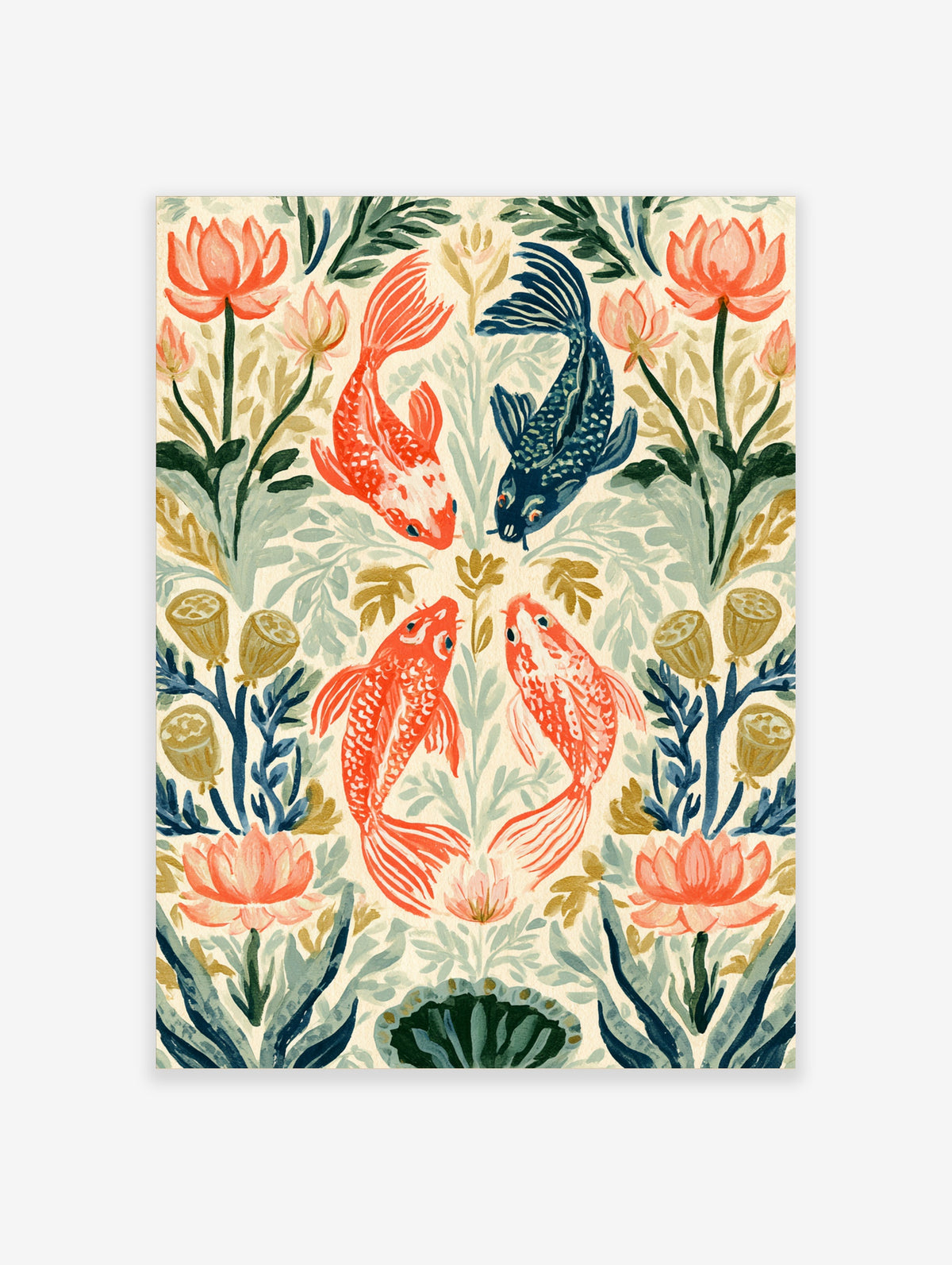 Koi fish art print with orange and blue koi among pink lotus flowers and green leaves