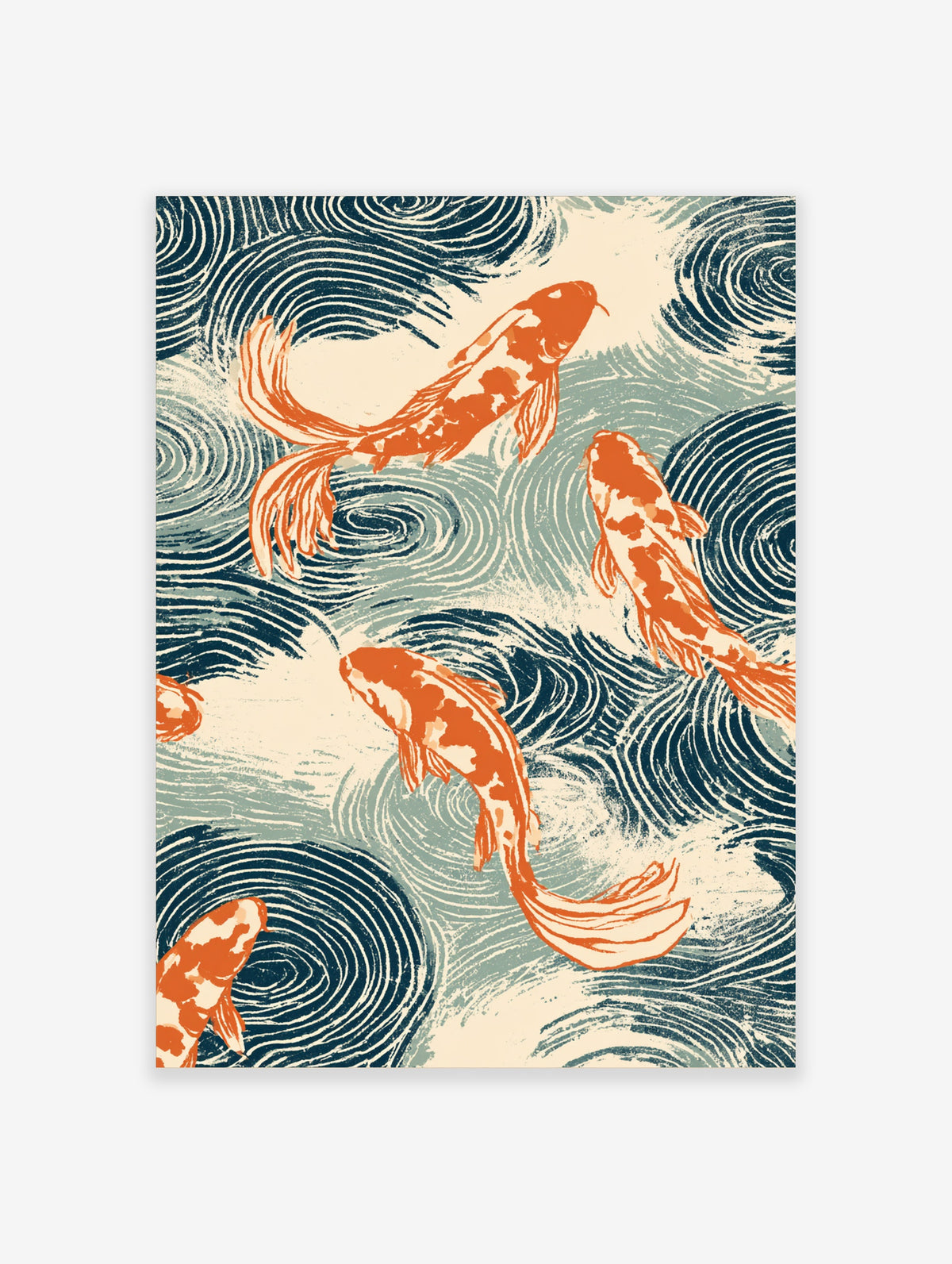 Orange and white koi carp swimming in blue and cream swirl wave patterns, Japanese-style illustration