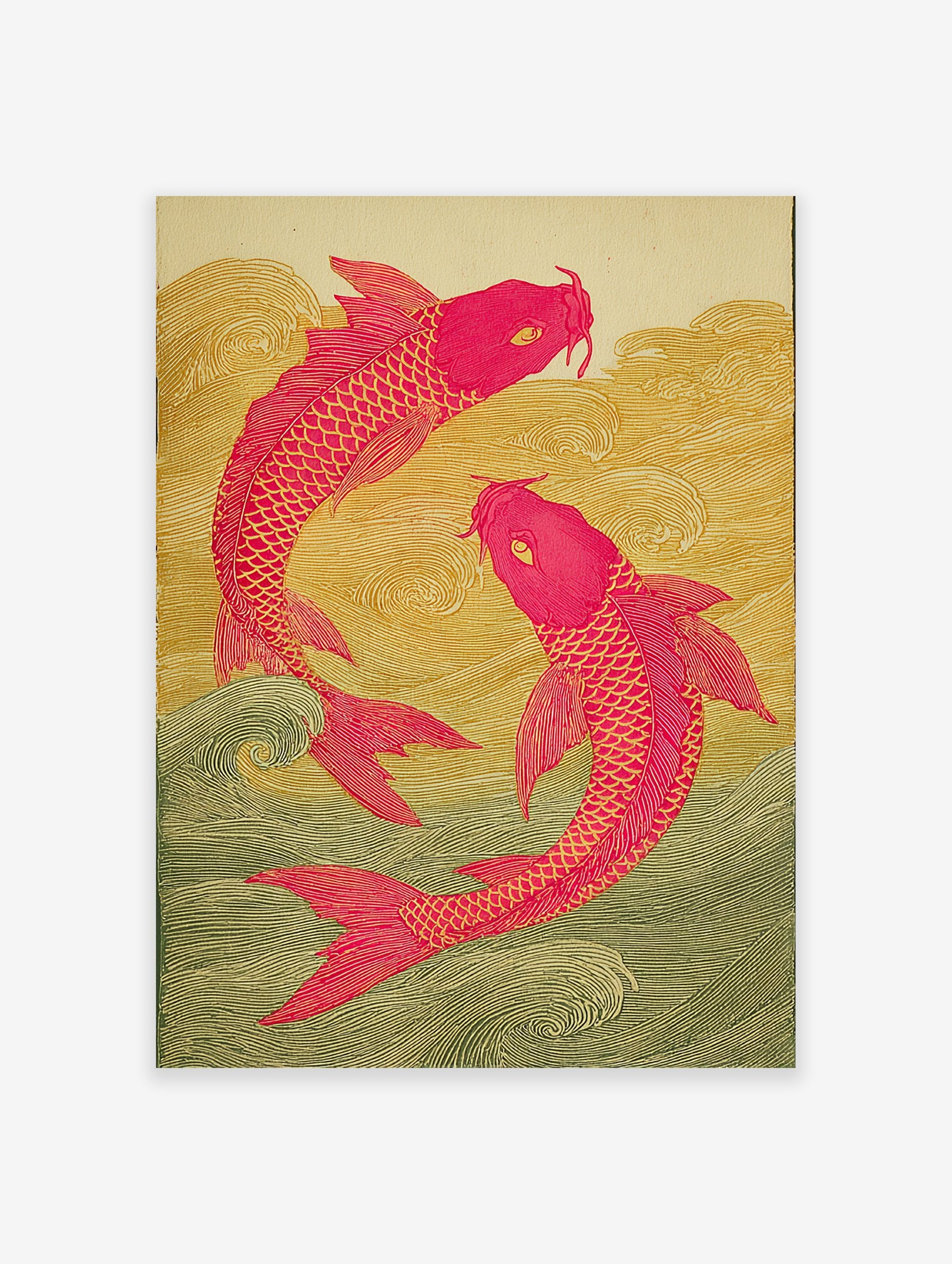 Two pink koi fish swim in golden and green waves in a Japanese-style illustration art print.