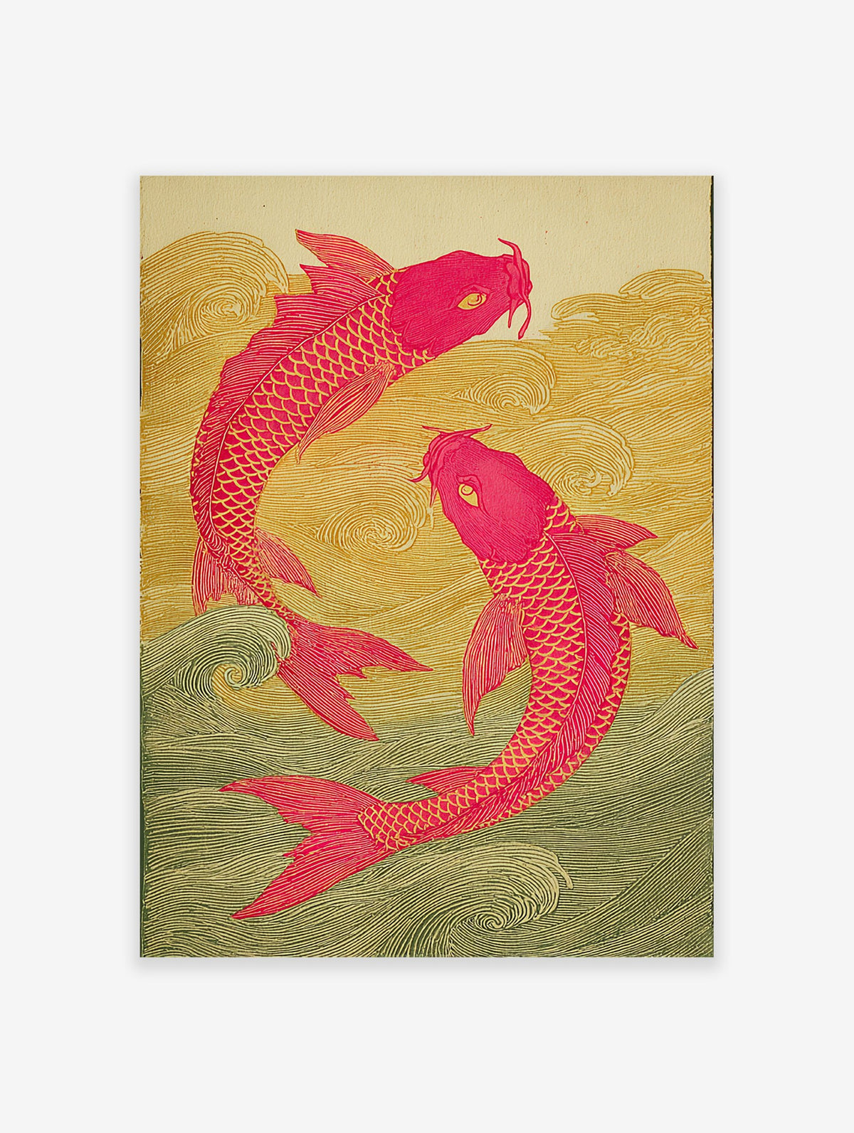 Two pink koi fish swim in golden and green waves in a Japanese-style illustration art print.