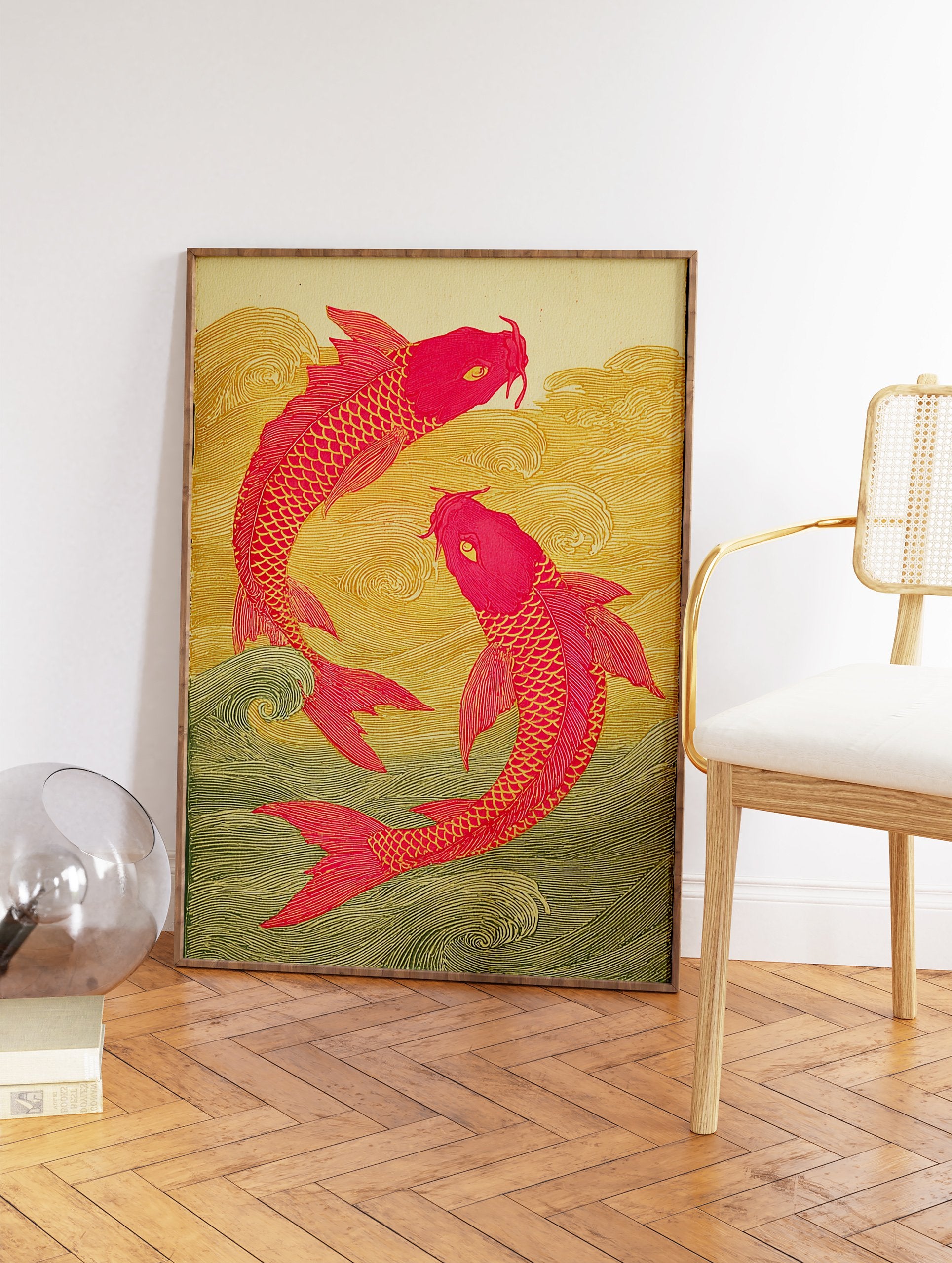 Two pink koi fish swim in golden and green waves in a Japanese-style illustration art print. - Image 2