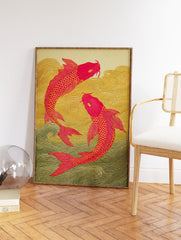 Two pink koi fish swim in golden and green waves in a Japanese-style illustration art print. - Image 2