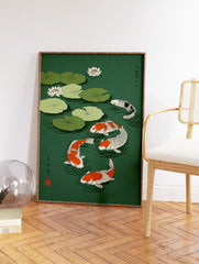 Japanese koi fish wall art print featuring orange, white, and black koi swimming among green lily pads and white lotus flowers. - Image 2