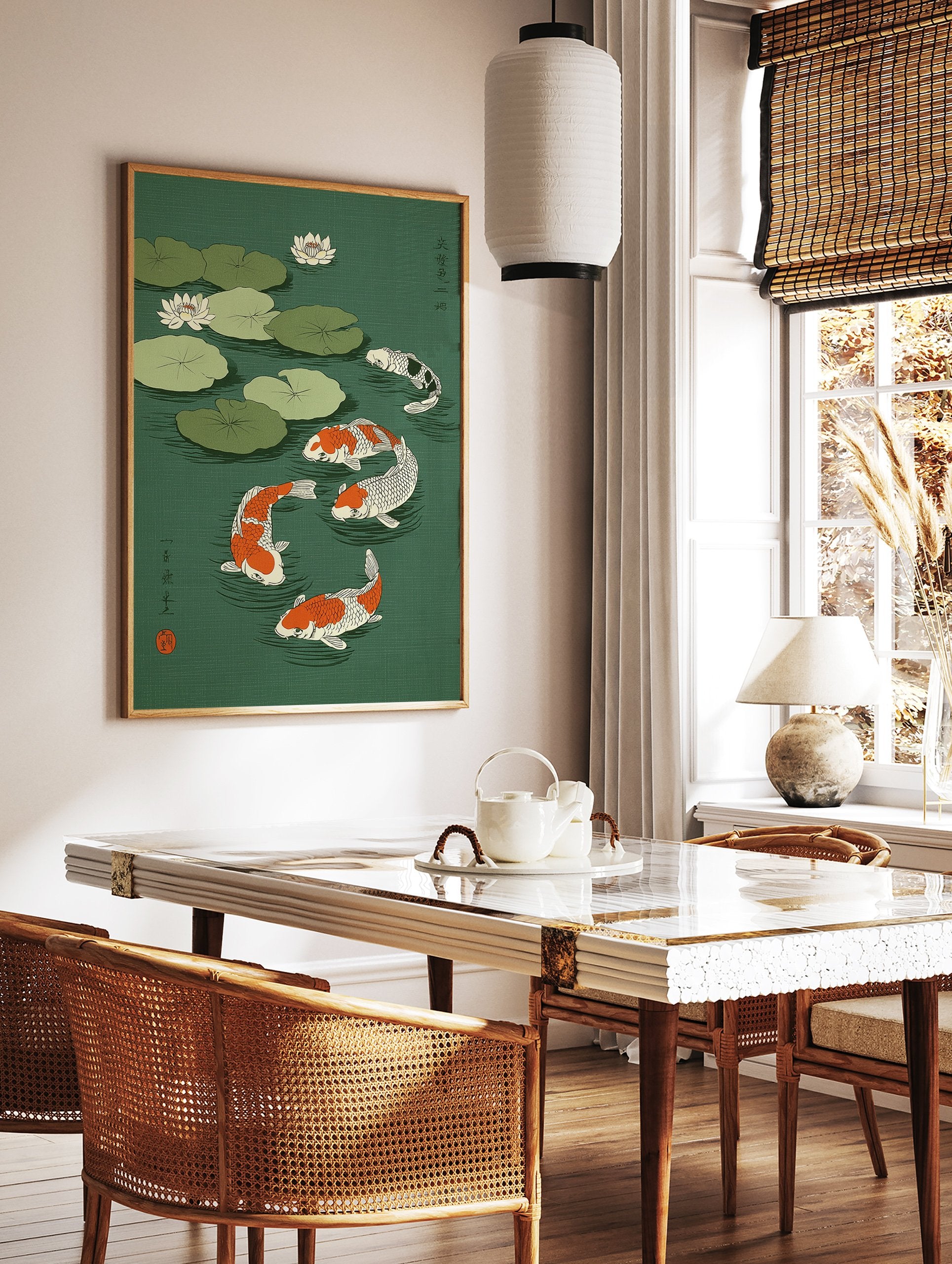 Japanese koi fish wall art print featuring orange, white, and black koi swimming among green lily pads and white lotus flowers. - Image 3