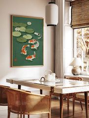 Japanese koi fish wall art print featuring orange, white, and black koi swimming among green lily pads and white lotus flowers. - Image 3