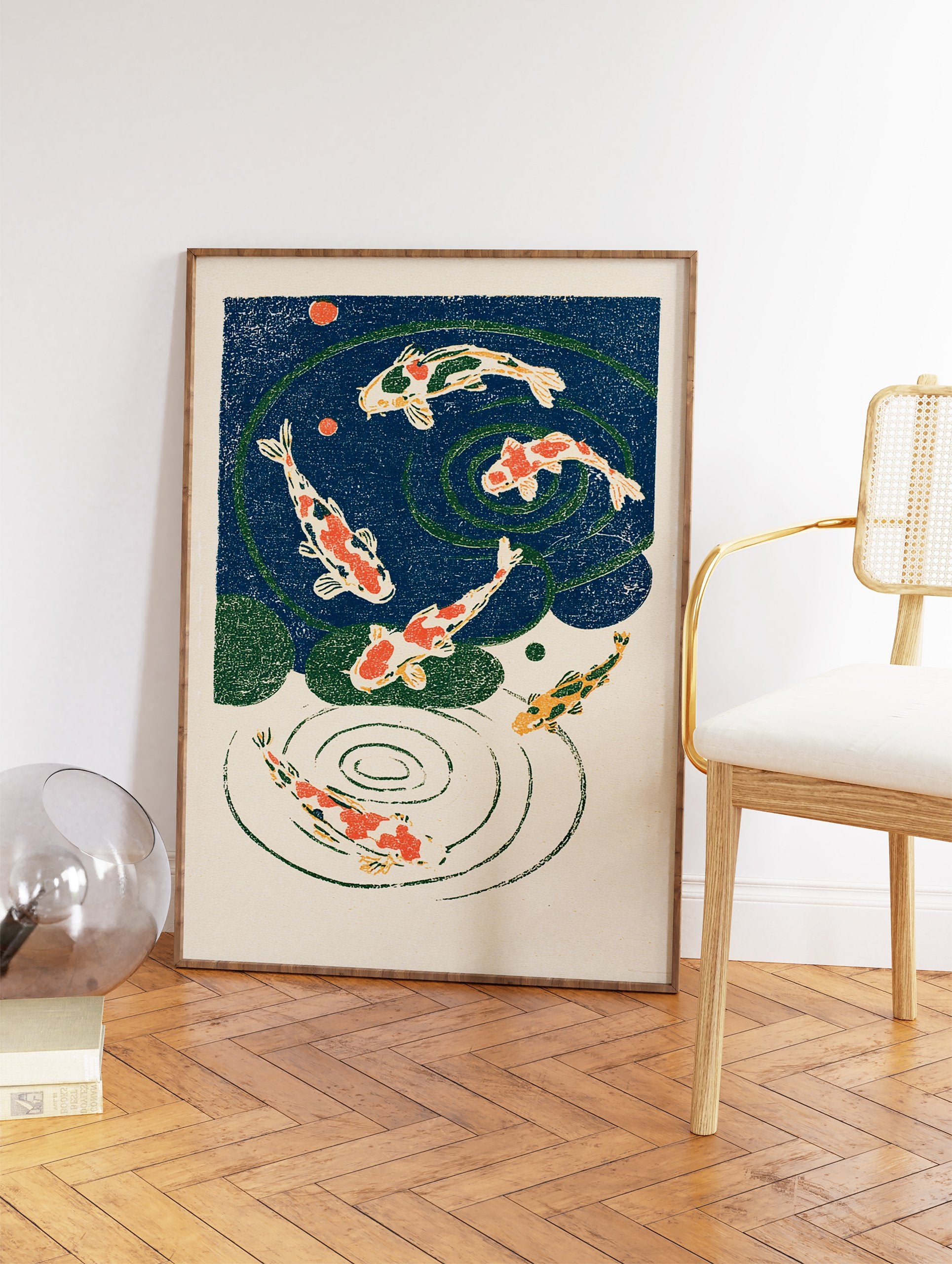Illustrative Koi fish wall art print featuring red and orange koi swimming in a blue pond with green lily pads and ripples. - Image 2