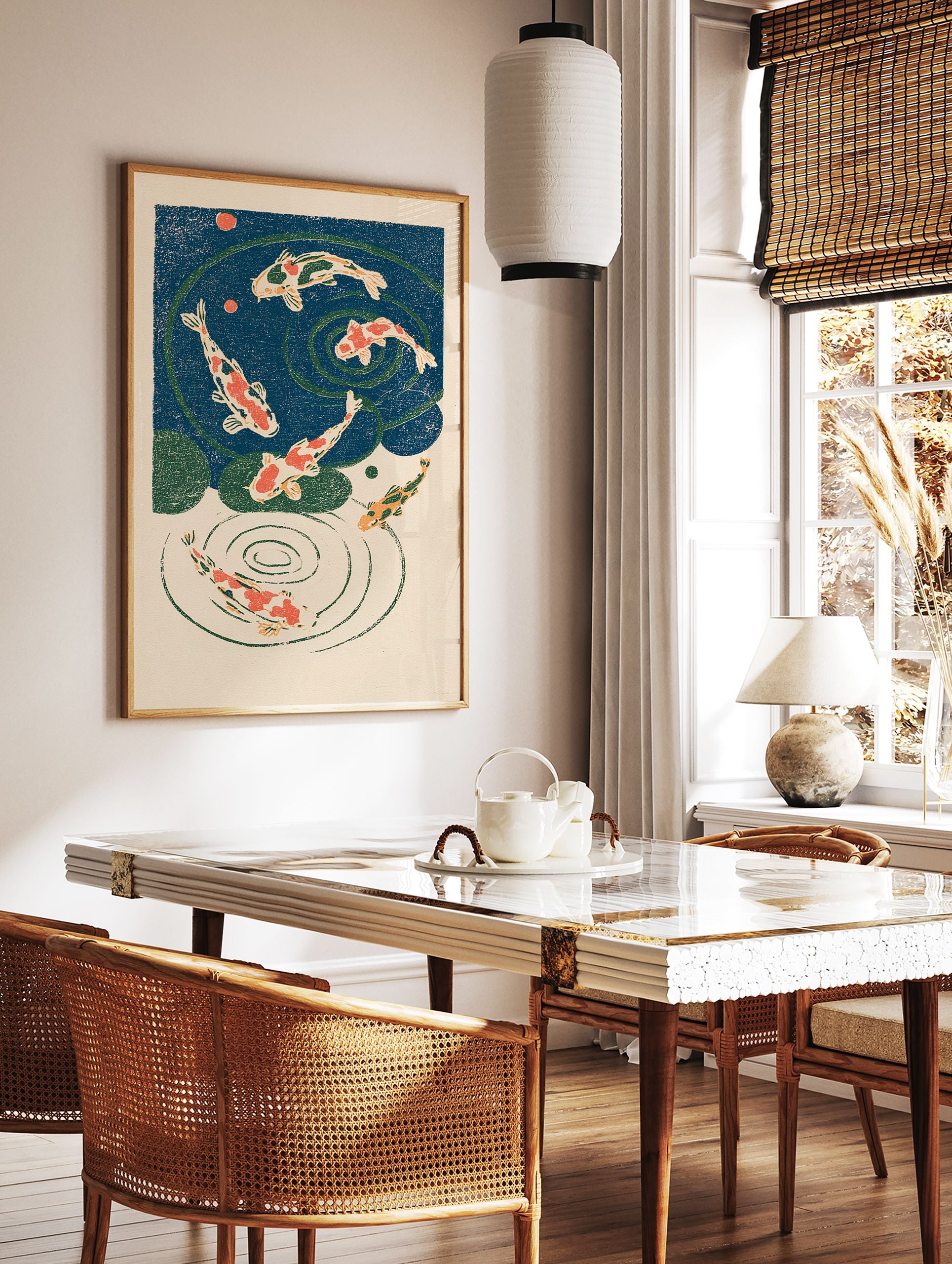 Illustrative Koi fish wall art print featuring red and orange koi swimming in a blue pond with green lily pads and ripples. - Image 3
