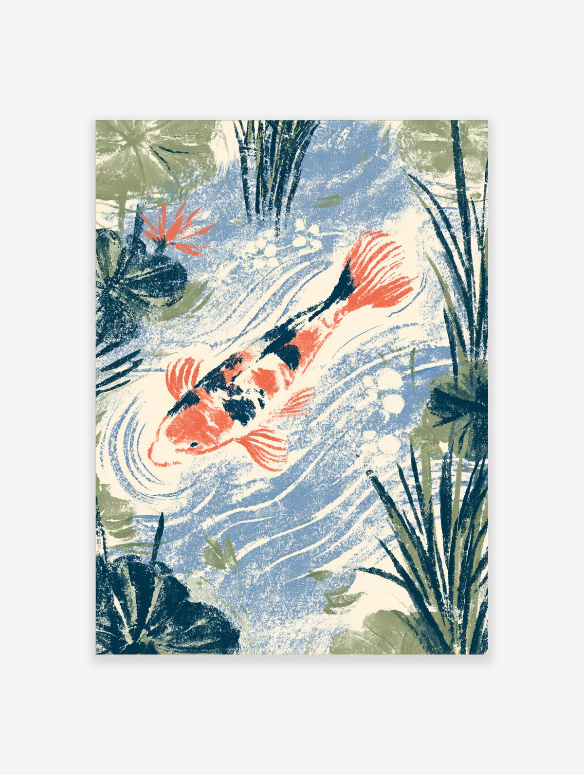 Koi fish art print with red and black carp swimming in blue water among green reeds and lily pads