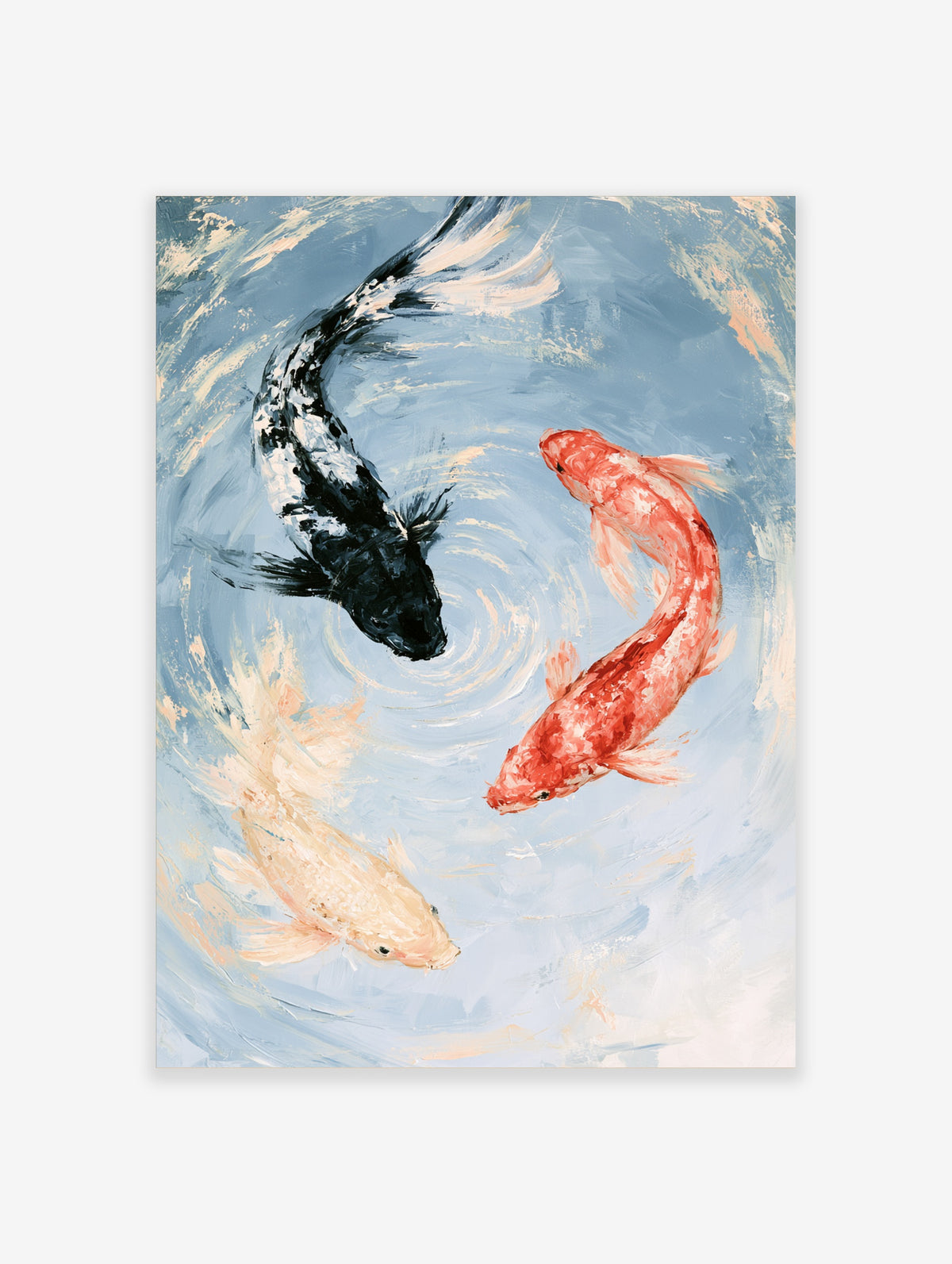 Koi fish art print with three carp circling in blue water