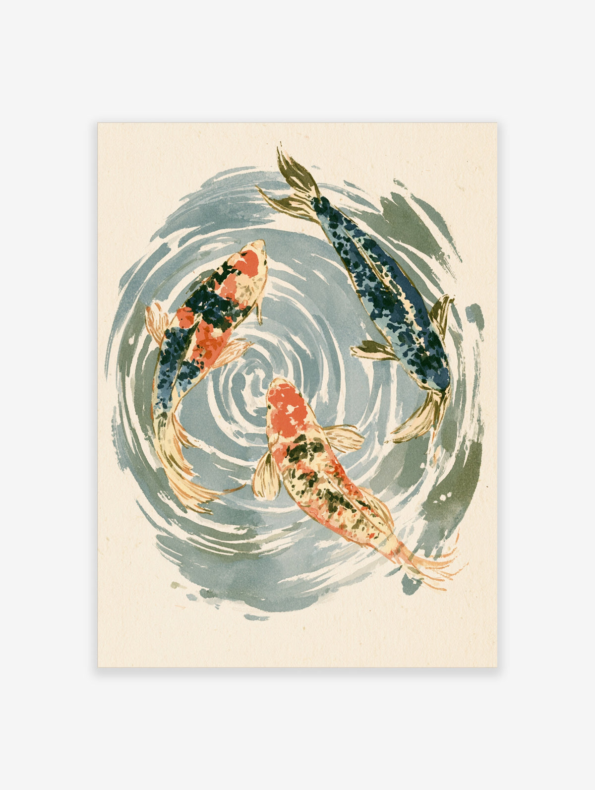 Three koi fish circling in blue water ripples, Japanese style art print