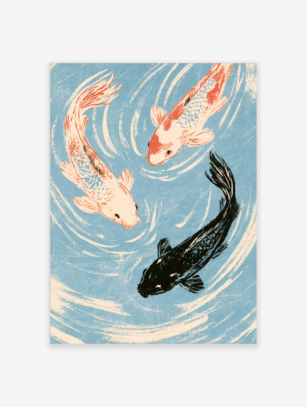 Koi fish art print with three carp circling in blue pond water and white ripples