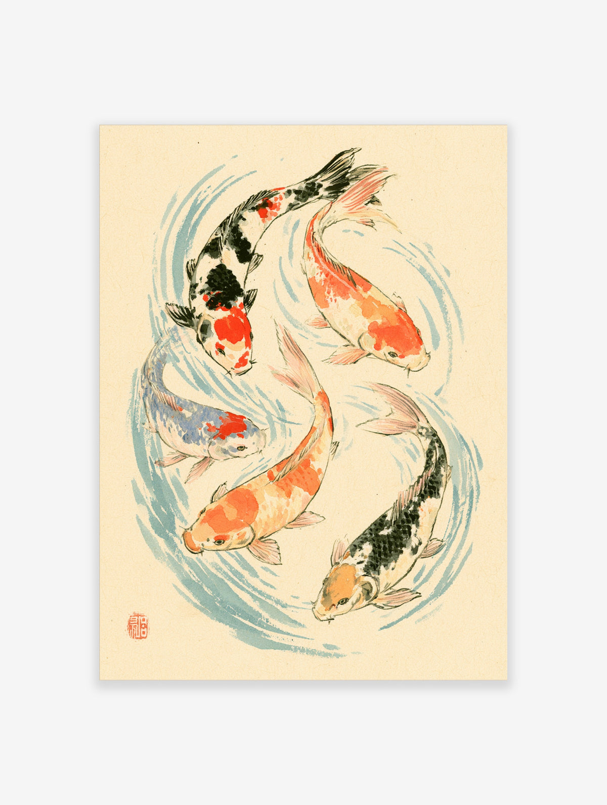 Five koi carp in red, black, white and blue circling in blue water ripples on a cream background