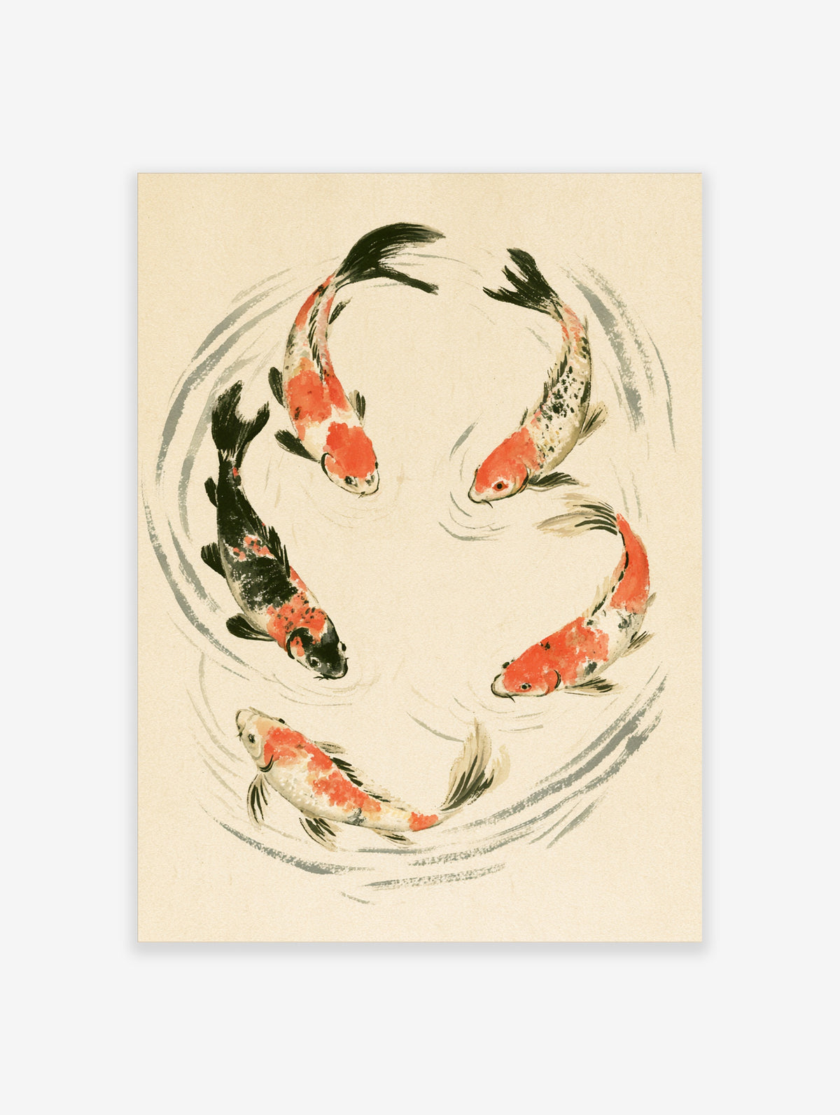 Five koi fish in red, black and white circle on a cream background with grey brushstroke ripples