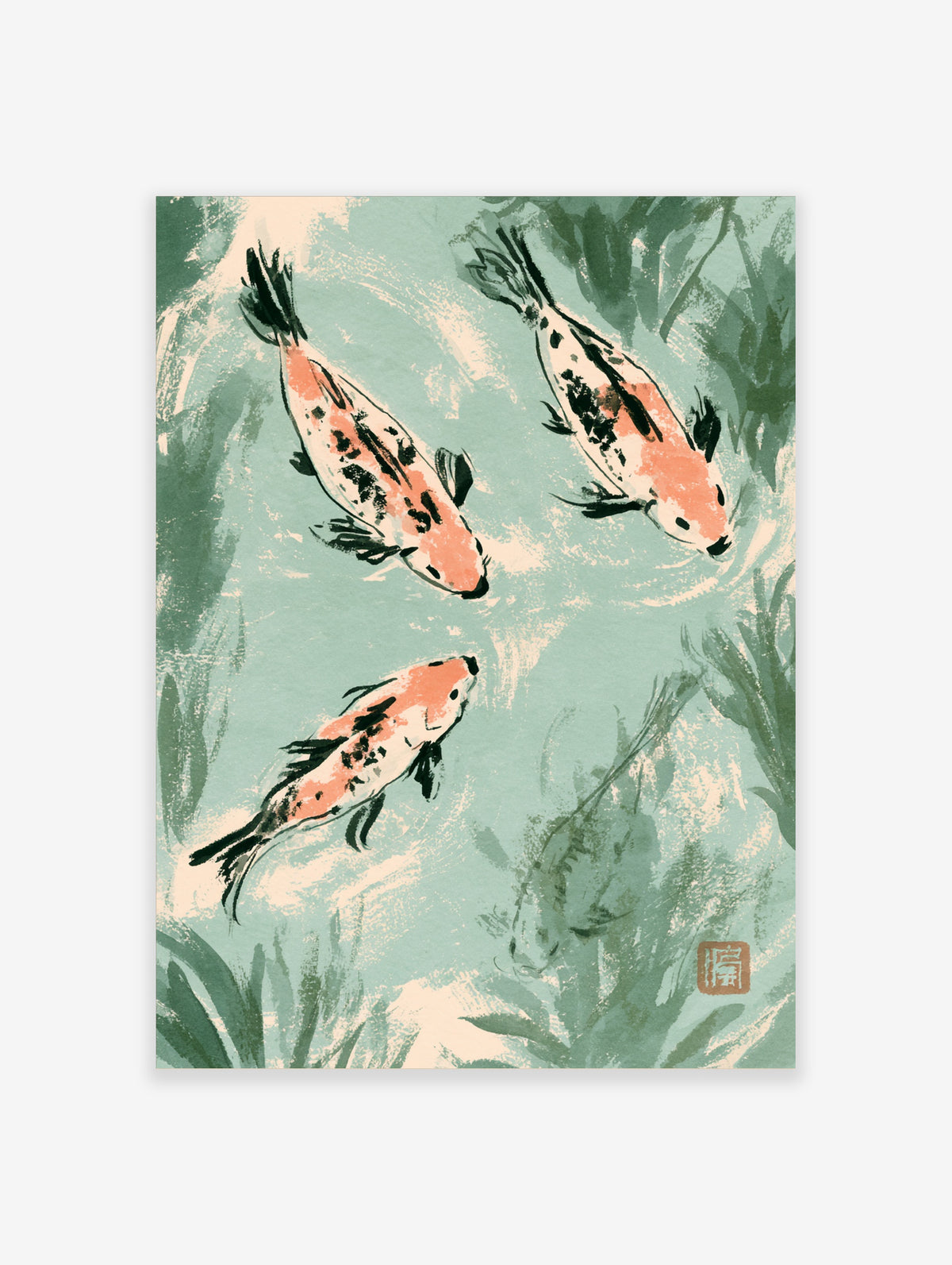 Three koi fish in coral and black swim through green water with aquatic plants, Japanese-style art print