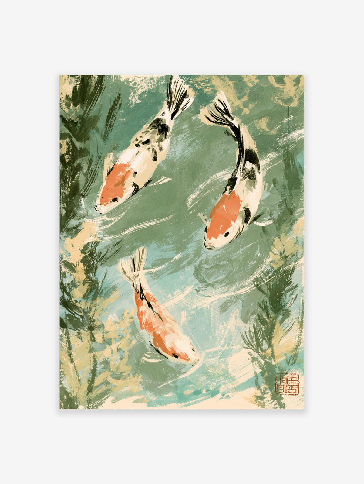 Three koi carp in orange, white and black swimming through green water with a red seal mark