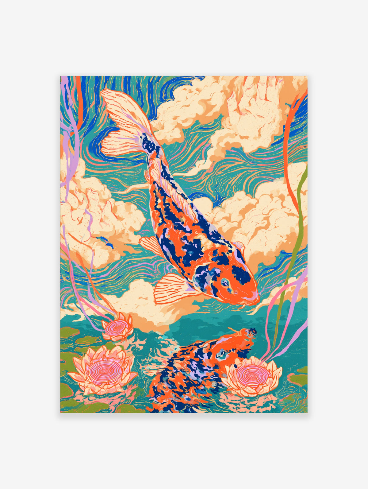 Orange and blue koi fish art print with two carp swimming among pink lotus flowers and teal water