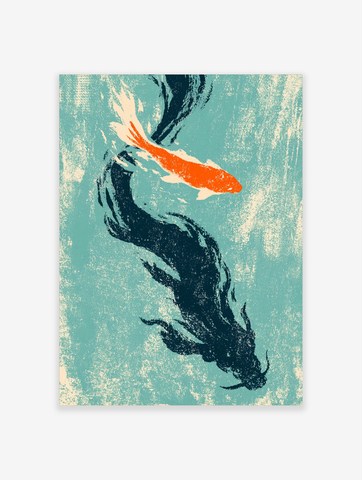 Orange and dark navy koi fish art print on textured blue-green background