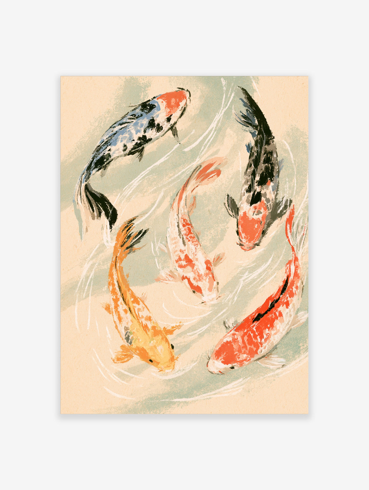 Five koi carp in orange, red, black and blue swimming in a circle on a beige background