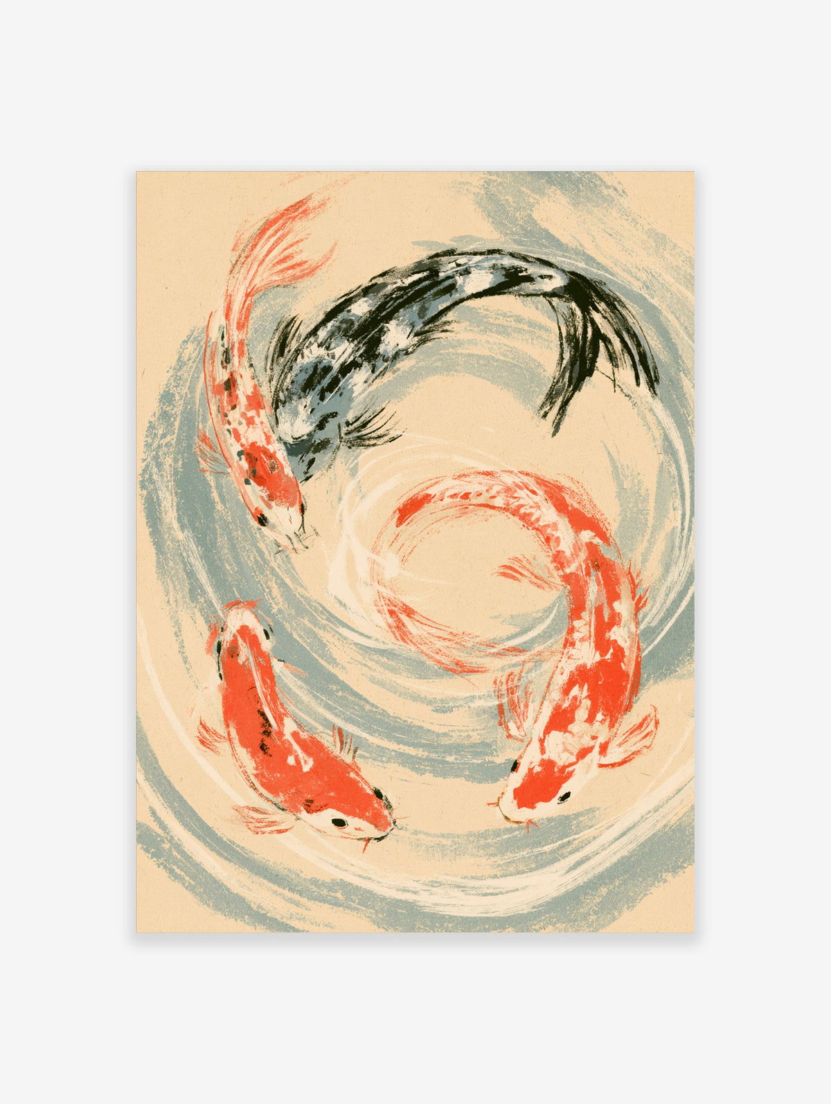 Koi fish art print with three red and black carp circling pale blue water ripples on beige