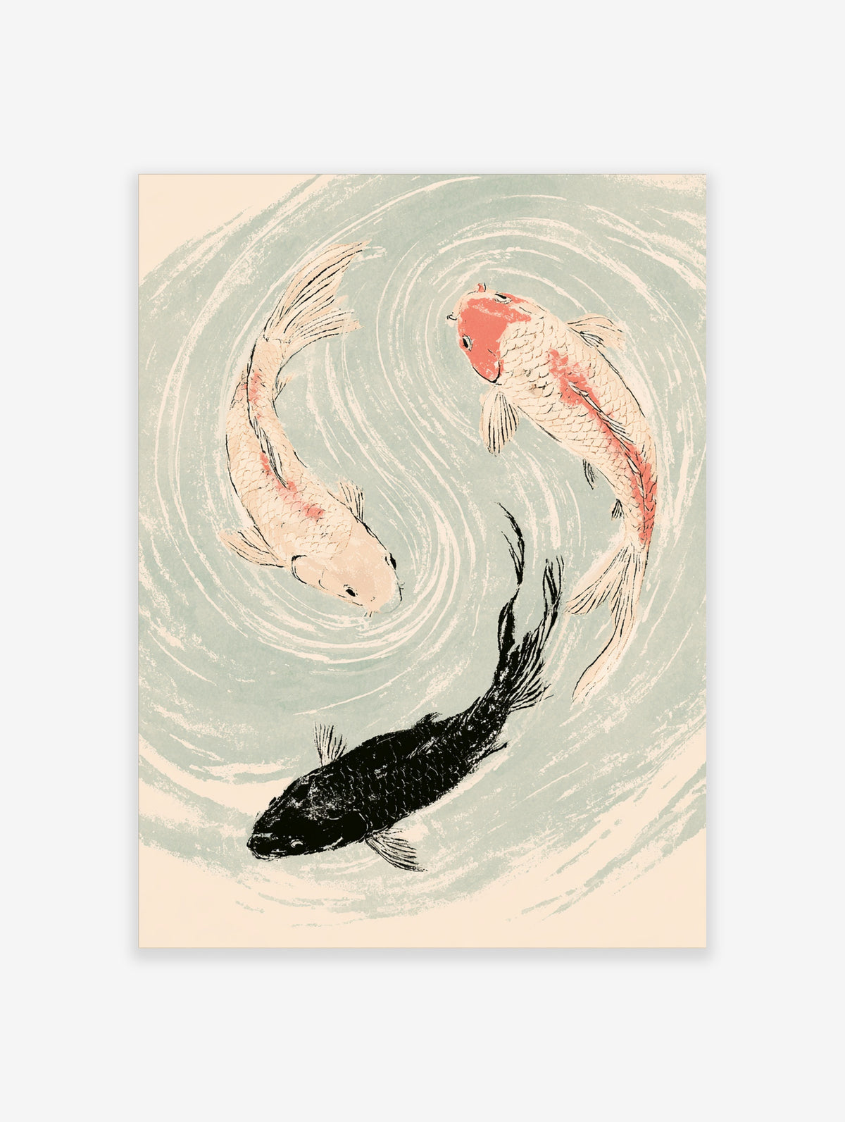 Three koi fish swimming in pale blue water ripples, two cream and red koi above a black koi, Japanese-style art print