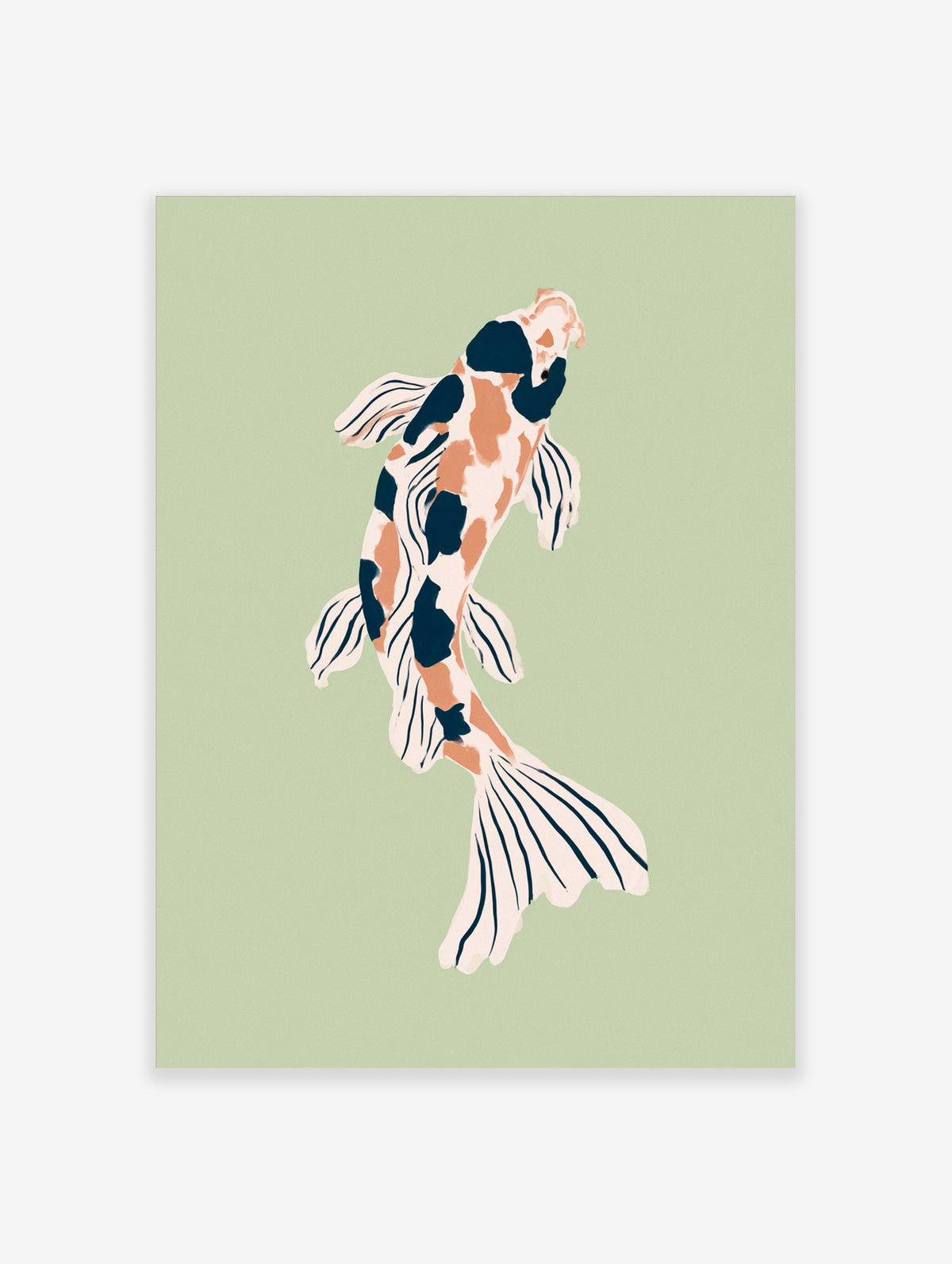 Koi fish art print with navy, peach and cream patches on sage green background