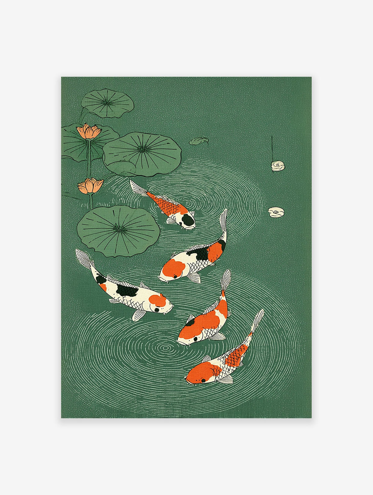 Japanese Koi Fish Wall Art illustration featuring five colorful koi fish in a green pond with lotus flowers and lily pads.