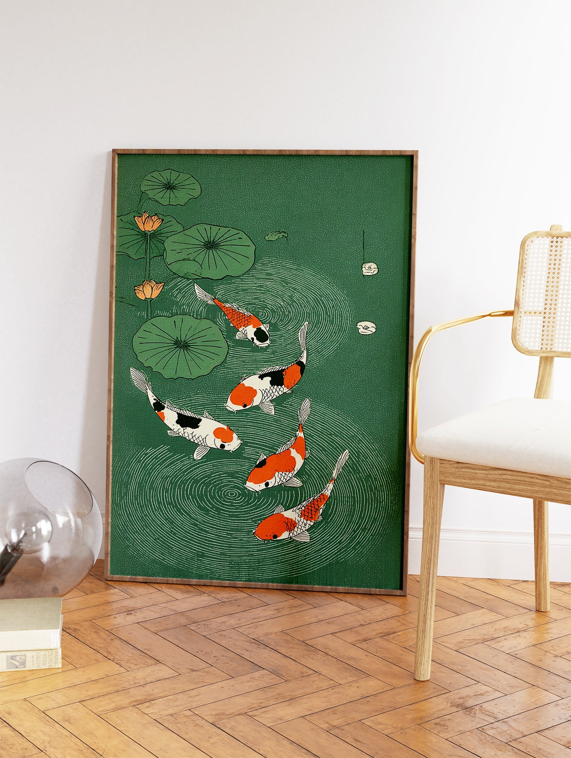 Japanese Koi Fish Wall Art illustration featuring five colorful koi fish in a green pond with lotus flowers and lily pads. - Image 2