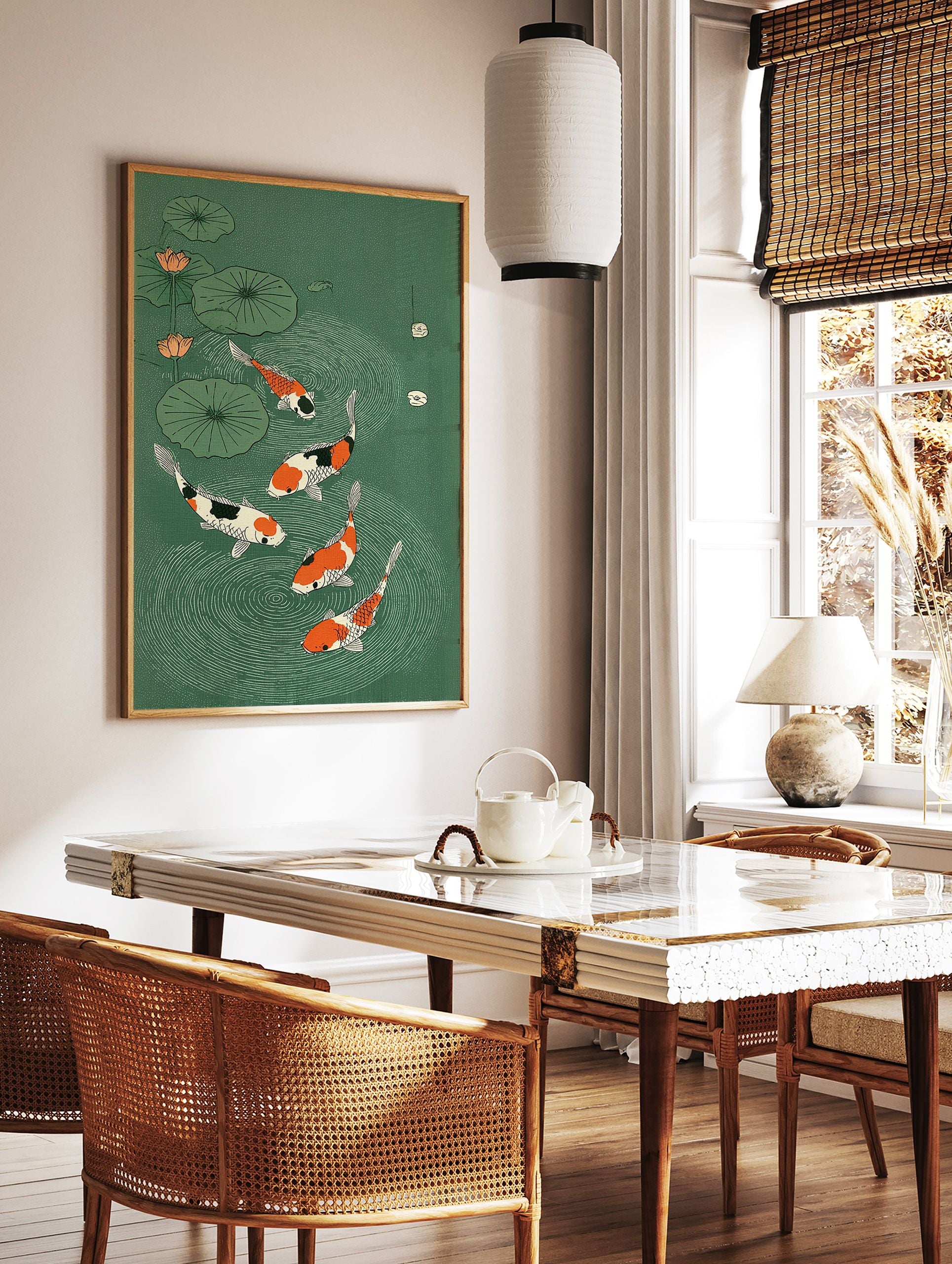 Japanese Koi Fish Wall Art illustration featuring five colorful koi fish in a green pond with lotus flowers and lily pads. - Image 3