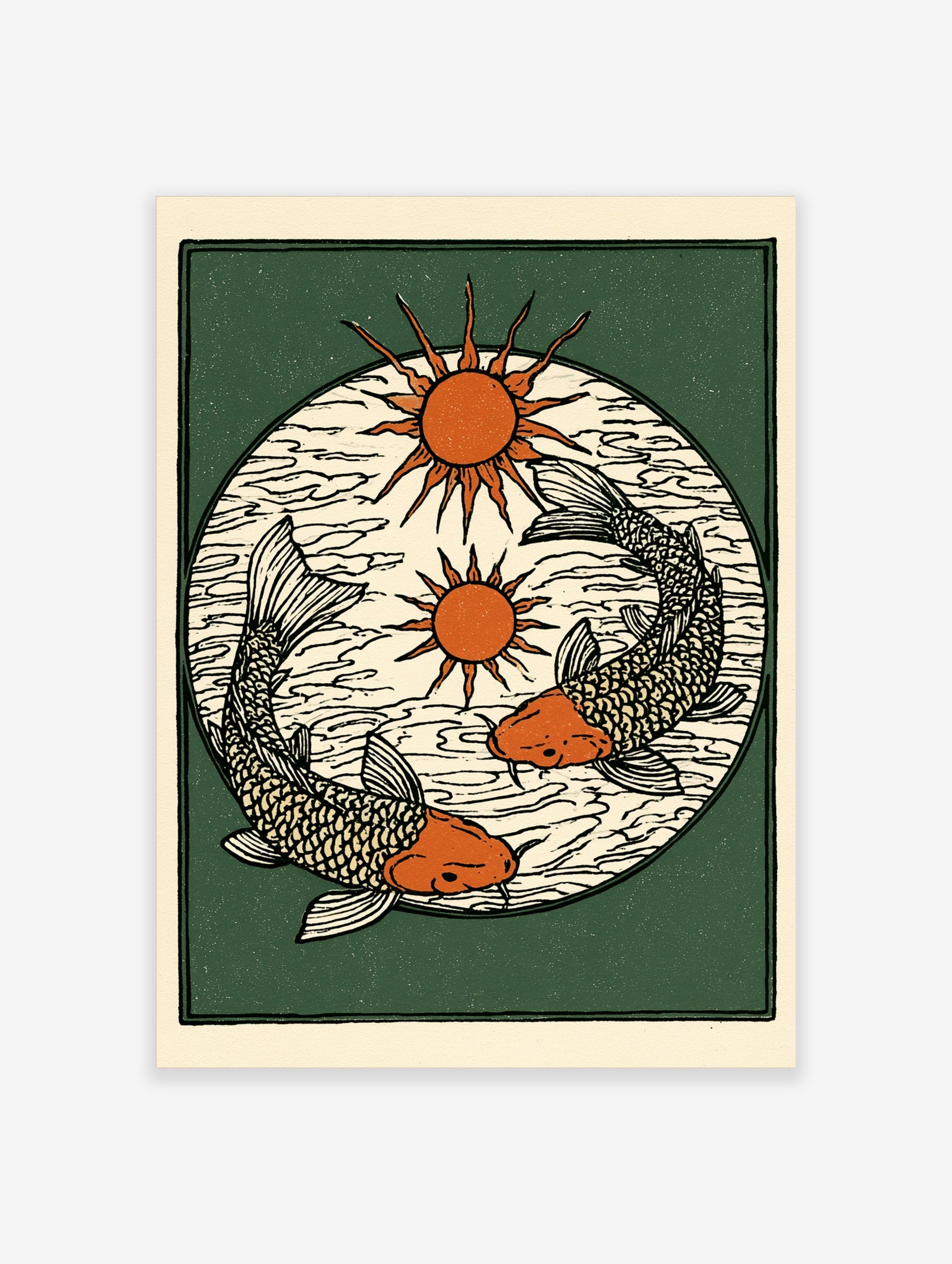 Illustrative koi fish wall art with two sun icons on a dark green background, block-print style graphic design