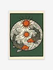 Illustrative koi fish wall art with two sun icons on a dark green background, block-print style graphic design