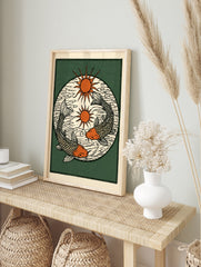 Illustrative koi fish wall art with two sun icons on a dark green background, block-print, in an alternate framed mockup