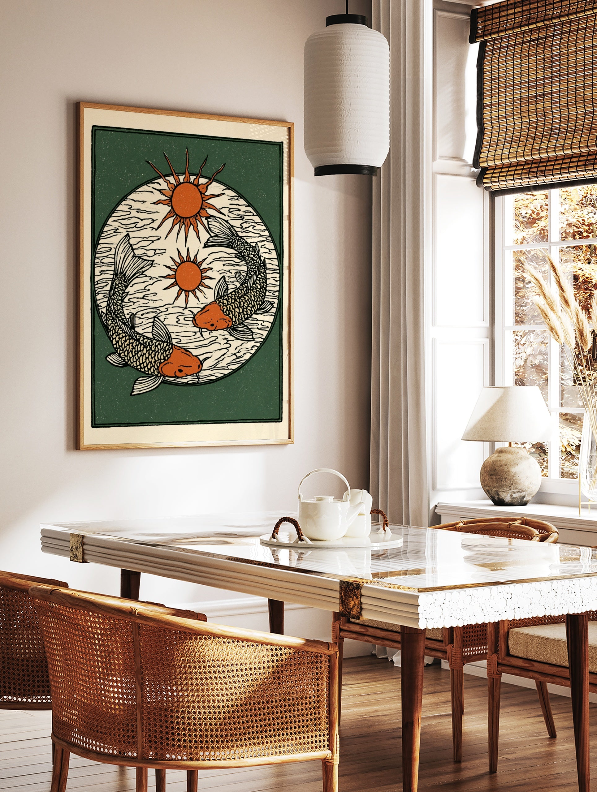 Illustrative koi fish wall art with two sun icons on a dark green background, block-print style, in a styled room mockup