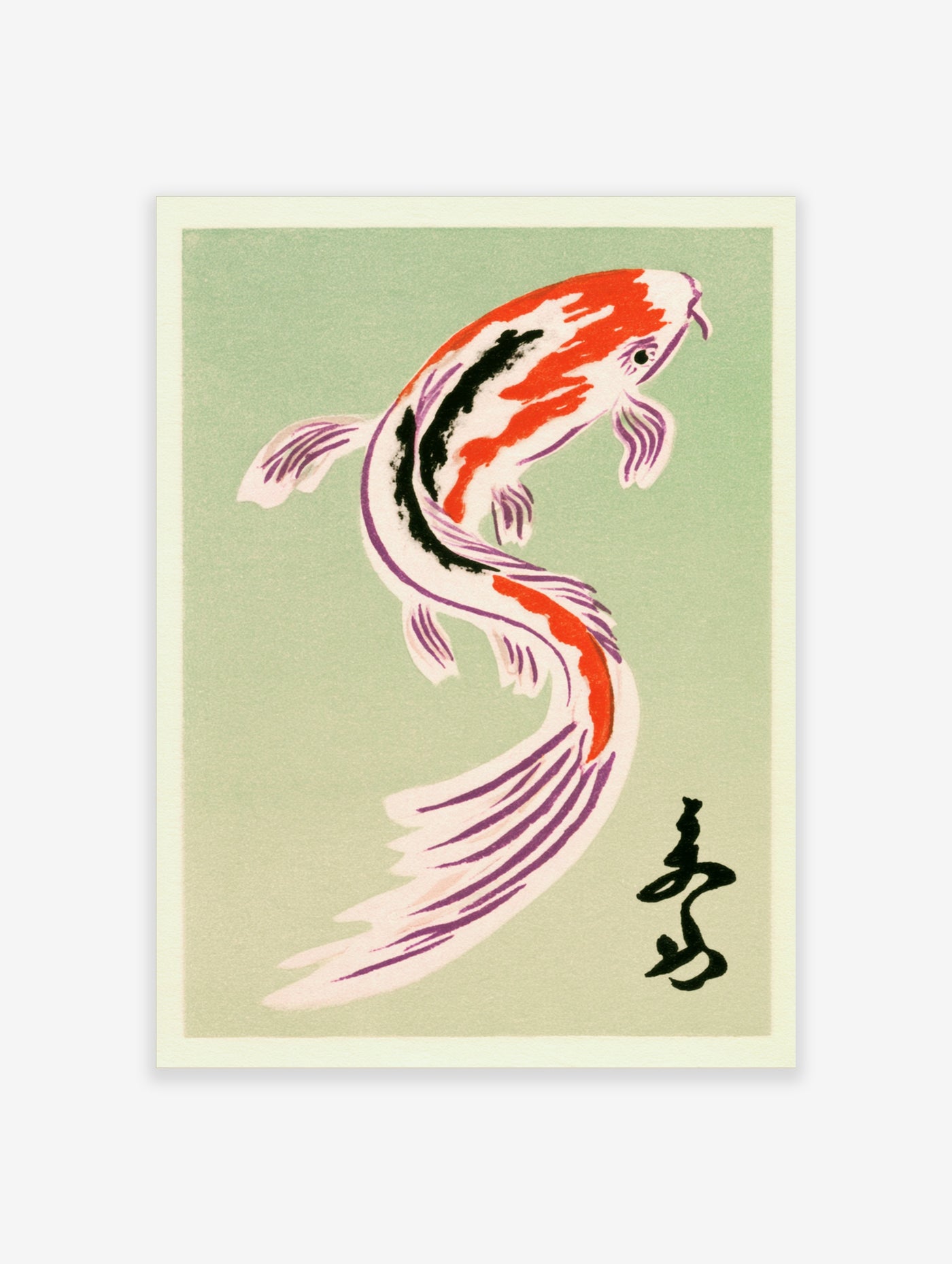 Illustrative koi fish wall art with red, black, and white markings on a muted green background