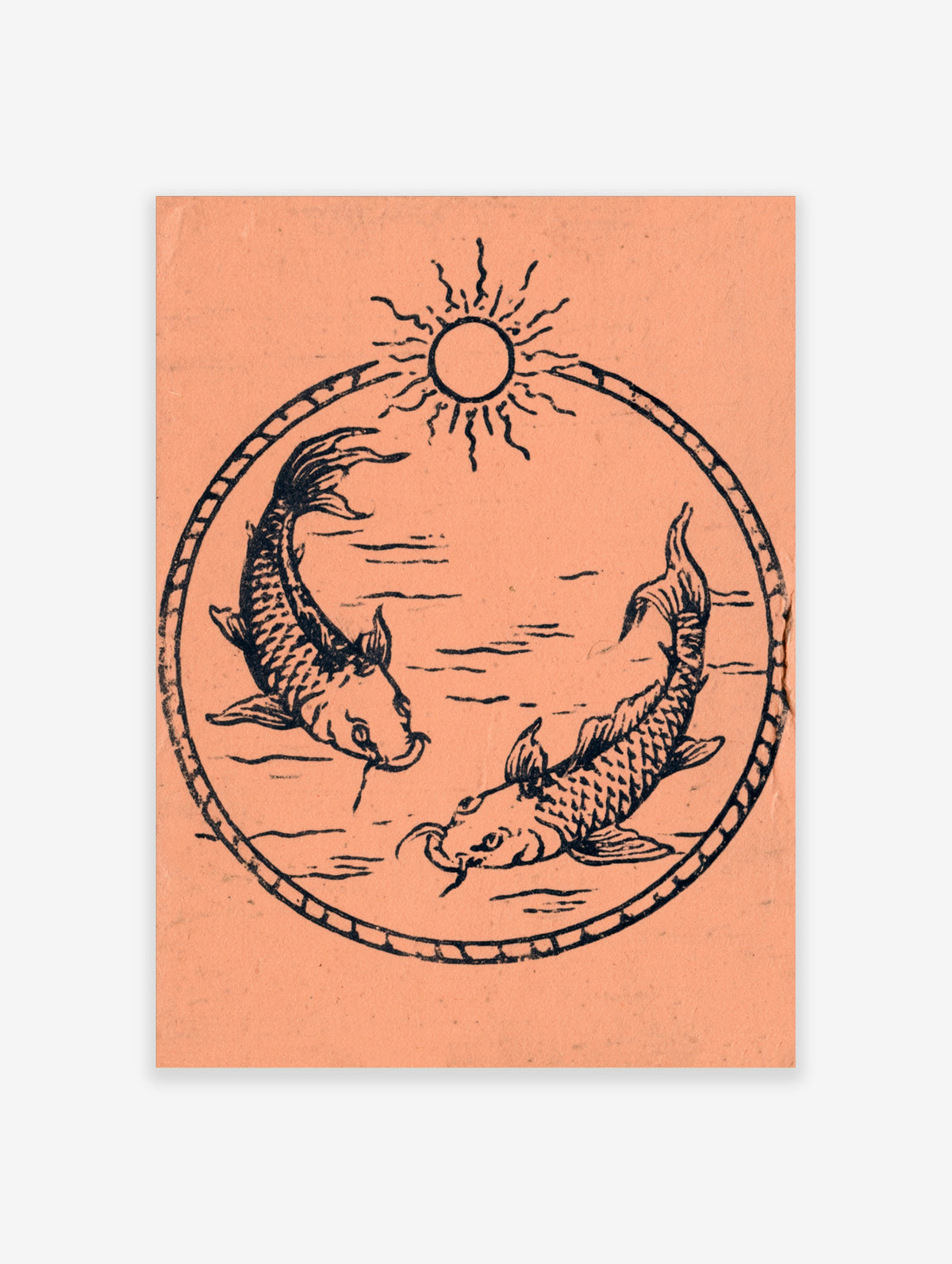 Illustrative koi fish wall art with two fish swimming in a circle under a sun symbol on a peach background