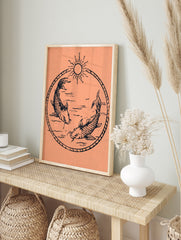 Illustrative koi fish wall art with two fish swimming in a circle under a sun symbol on a, in an alternate framed mockup