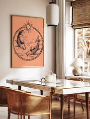 Illustrative koi fish wall art with two fish swimming in a circle under a sun symbol on a peach, in a styled room mockup
