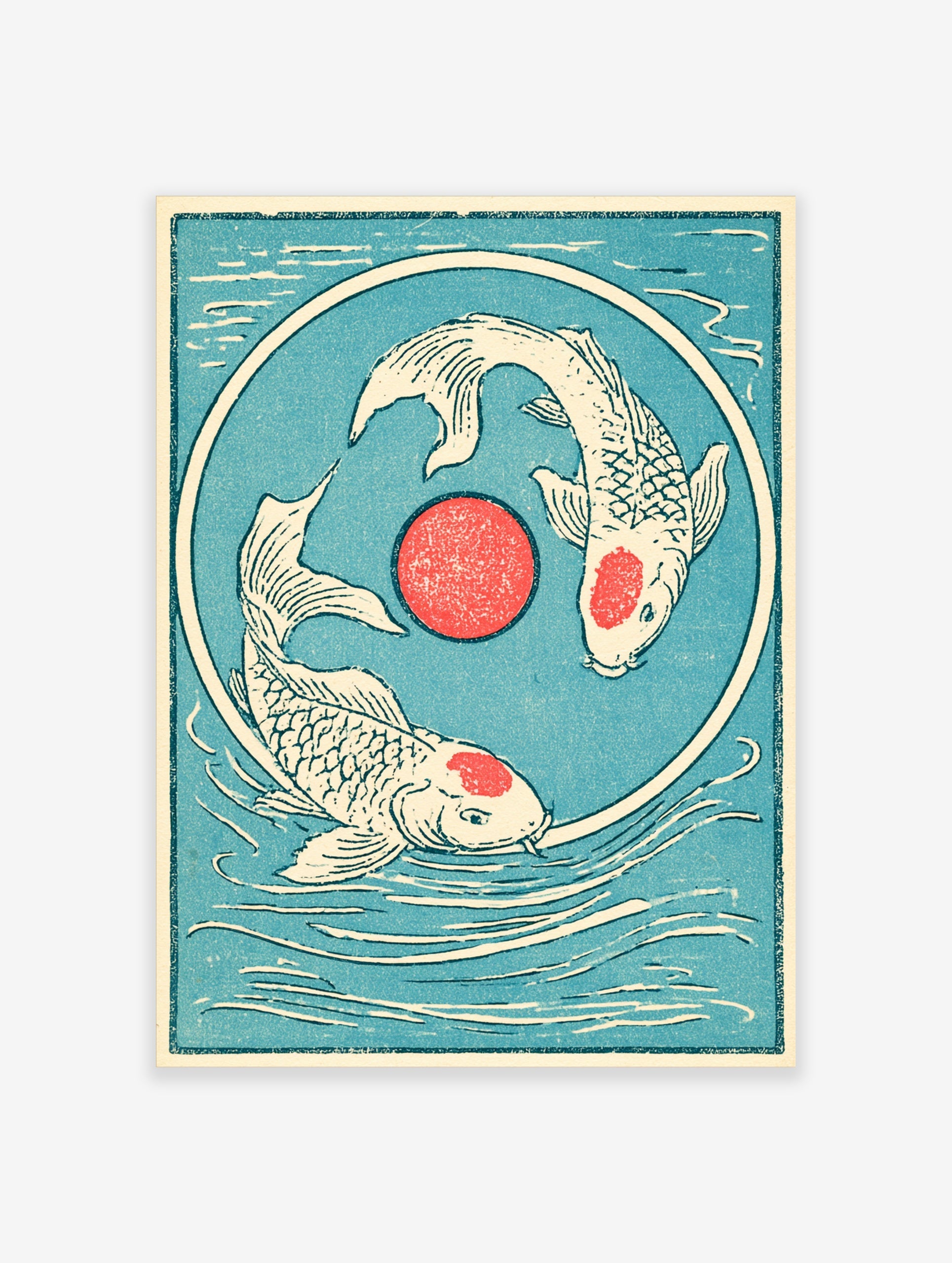 Japanese style koi fish wall art with two fish swimming in a circle around a red sun on a teal background