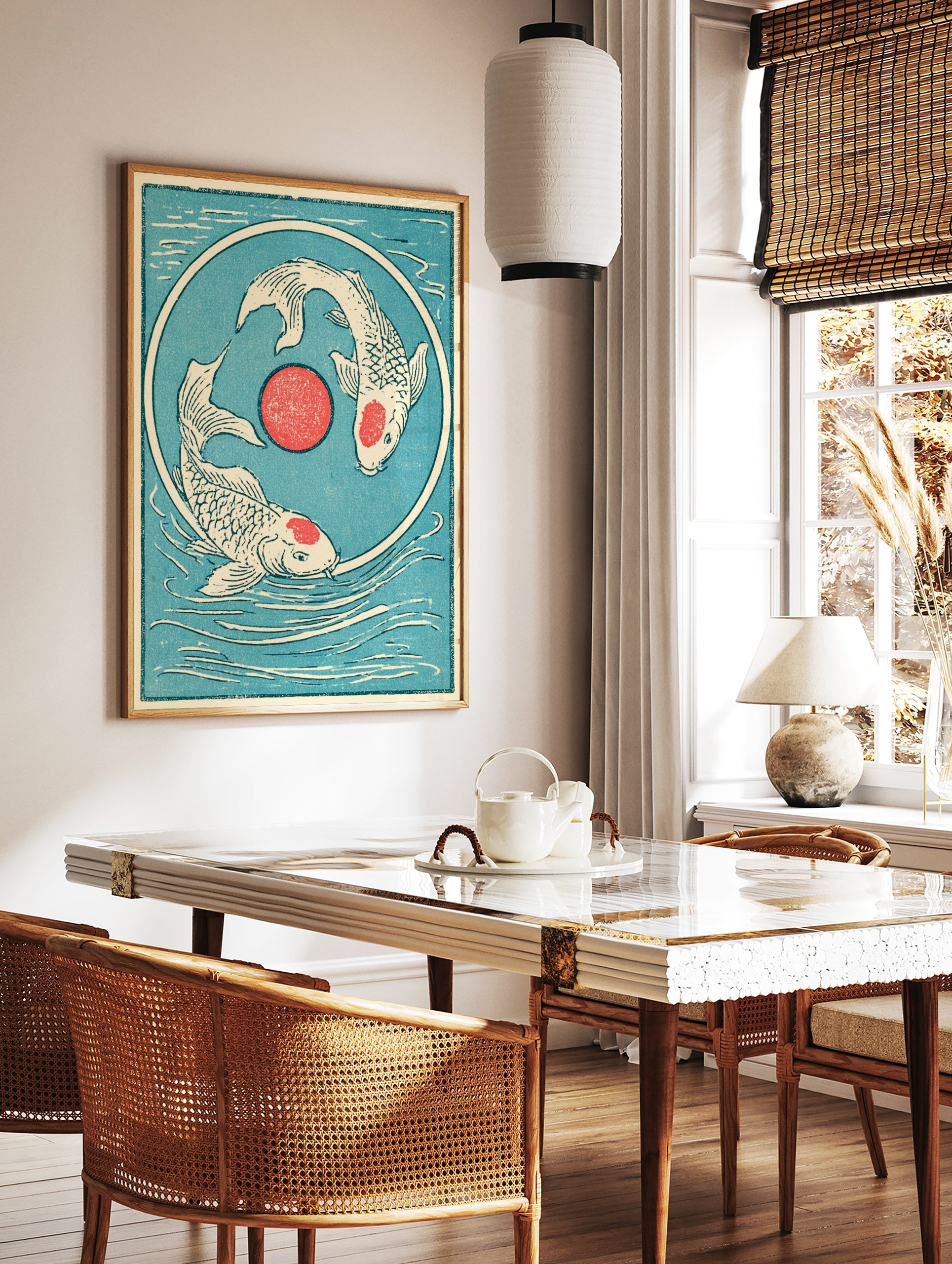 Japanese style koi fish wall art with two fish swimming in a circle around a red sun on a teal, in a styled room mockup