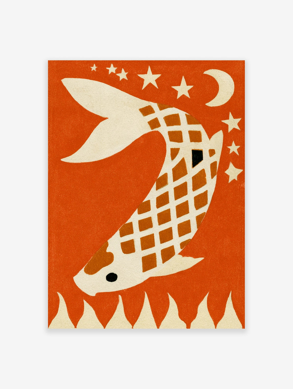 Illustrative koi fish wall art with a lattice pattern, crescent moon, and stars on a bold orange background