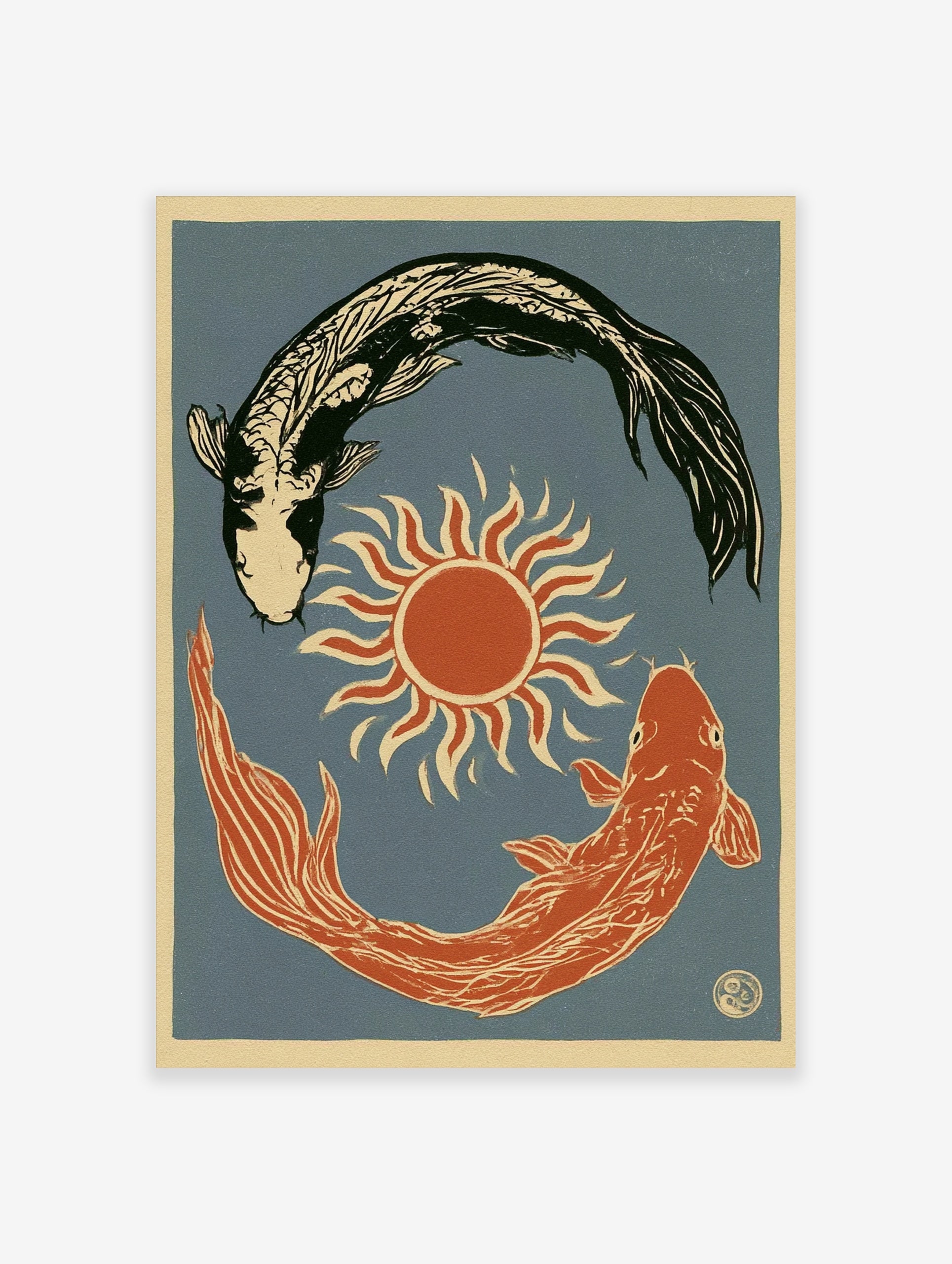 Illustrative koi fish wall art print with a sun symbol on a blue background