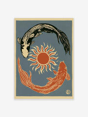 Illustrative koi fish wall art print with a sun symbol on a blue background
