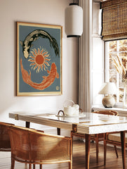Illustrative koi fish wall art print with a sun symbol on a blue background, in a styled room mockup