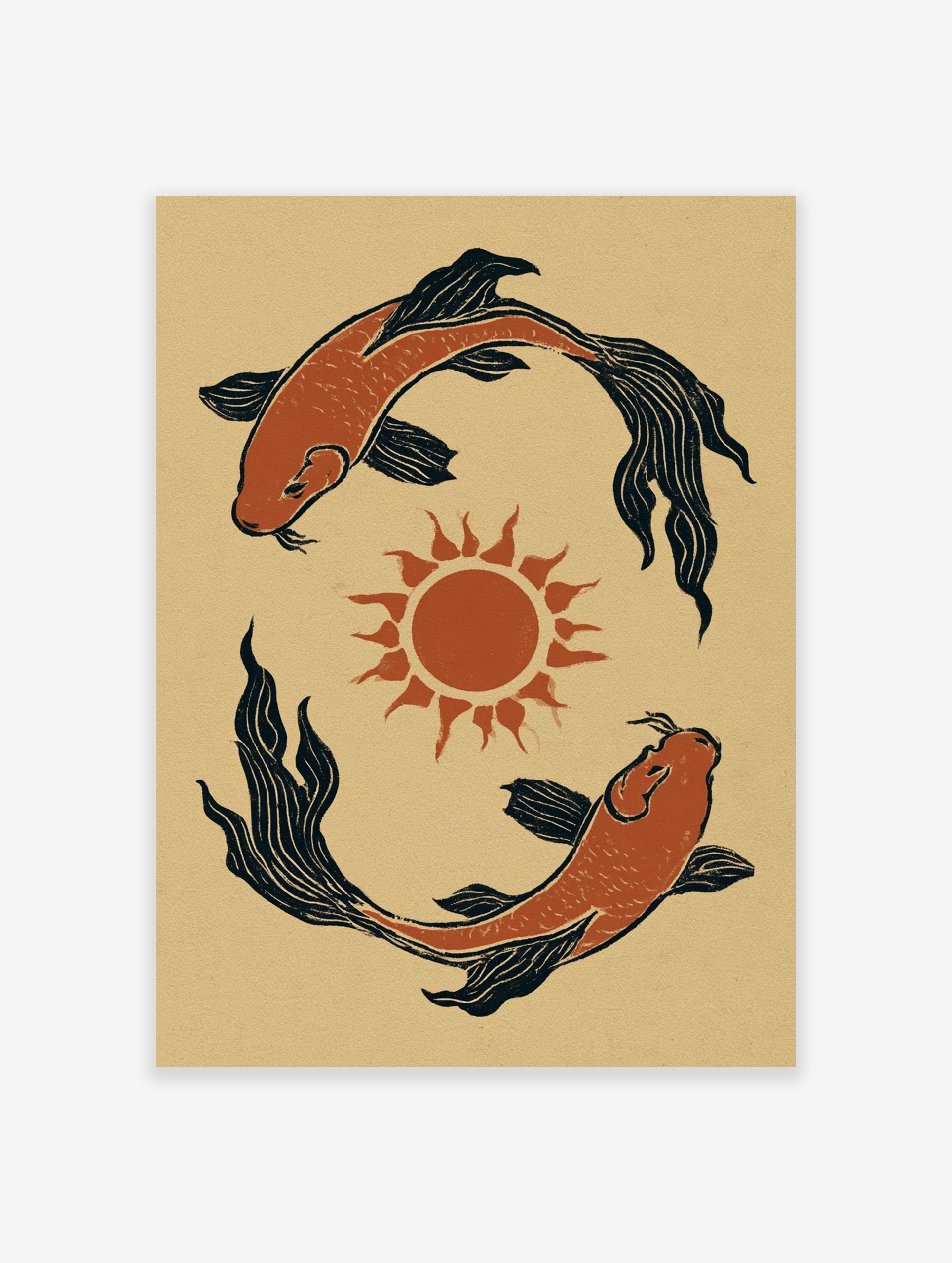 Illustrative koi fish wall art with two fish circling a central sun in orange and black on a textured tan background